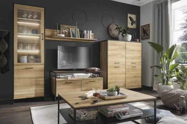 Moderne Wohnzimmermöbel-Set aus Holz mit TV-Schrank und Pflanzen