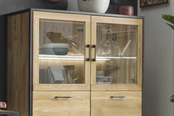 Moderne Vitrine aus Holz mit Glasfront in stilvollem Wohnzimmer