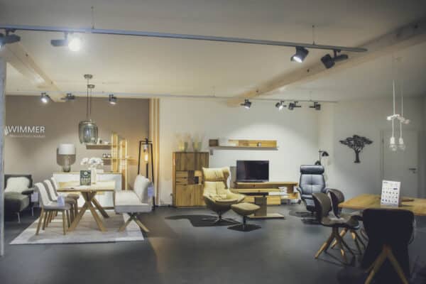 Modernes Wohnzimmer mit Esstisch und Sessel im skandinavischen Stil